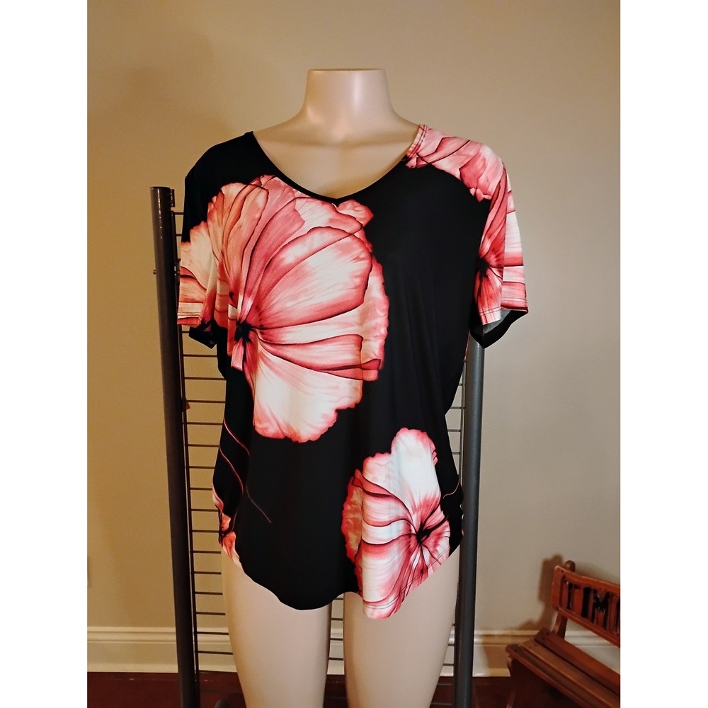 Peter Nygard Womens Black‎ Pink Oversized Floral V-Neck Short Sleeve Blouse Top